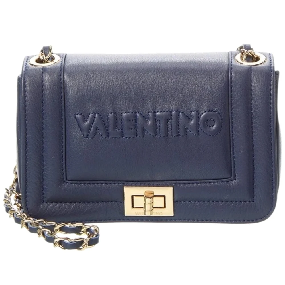 NWT - Valentino - Midnight Blue Leather Gold Chain Embossed Shoulder Bag - Picture 1 of 13